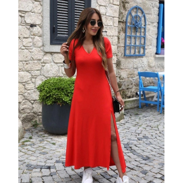 MARSiLYAN- Kadın Kısa Kollu V Yakalı Maksi Boy Viskon Elbise