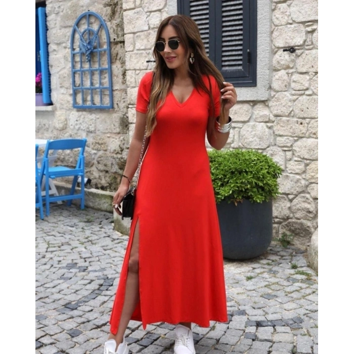 MARSiLYAN- Kadın Kısa Kollu V Yakalı Maksi Boy Viskon Elbise