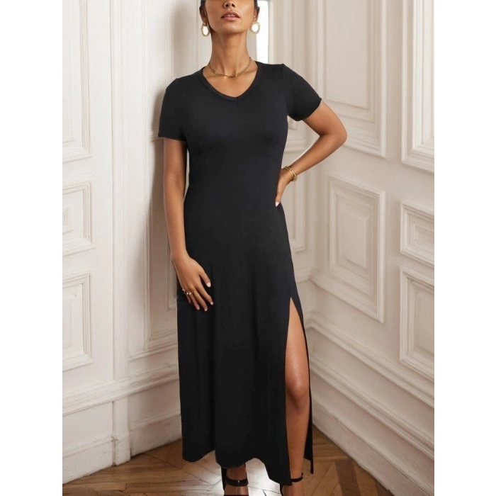 MARSiLYAN- Kadın Kısa Kollu V Yakalı Maksi Boy Viskon Elbise