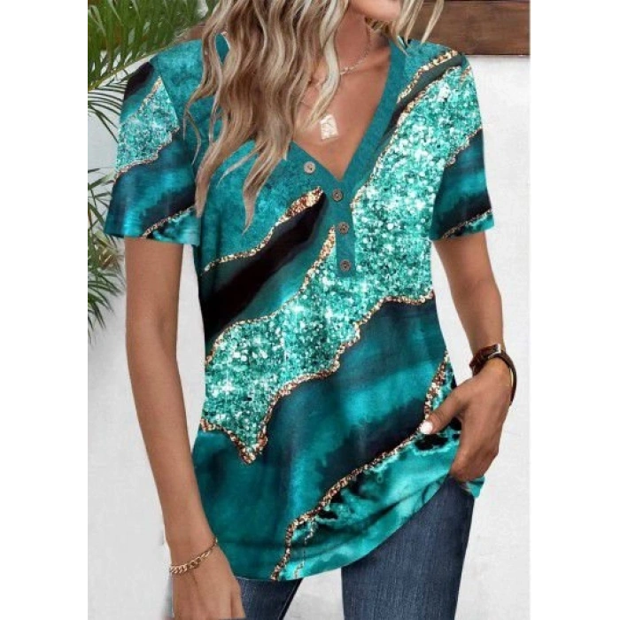 MARSiLYAN- Kadın Kısa Kollu V Yakalı önden Düğmeli Baskılı Süprem Bluz