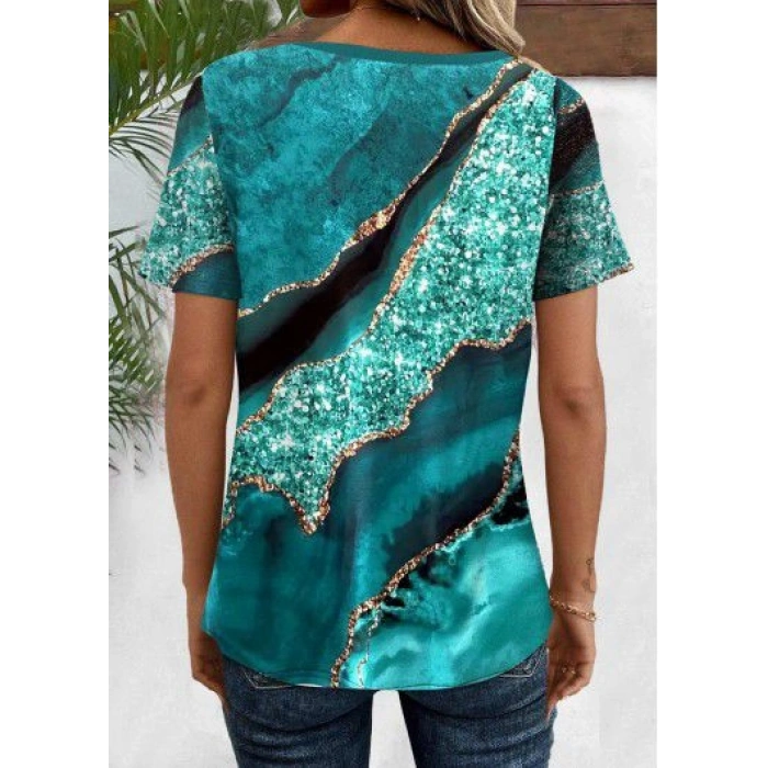 MARSiLYAN- Kadın Kısa Kollu V Yakalı önden Düğmeli Baskılı Süprem Bluz