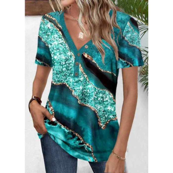 MARSiLYAN- Kadın Kısa Kollu V Yakalı önden Düğmeli Baskılı Süprem Bluz