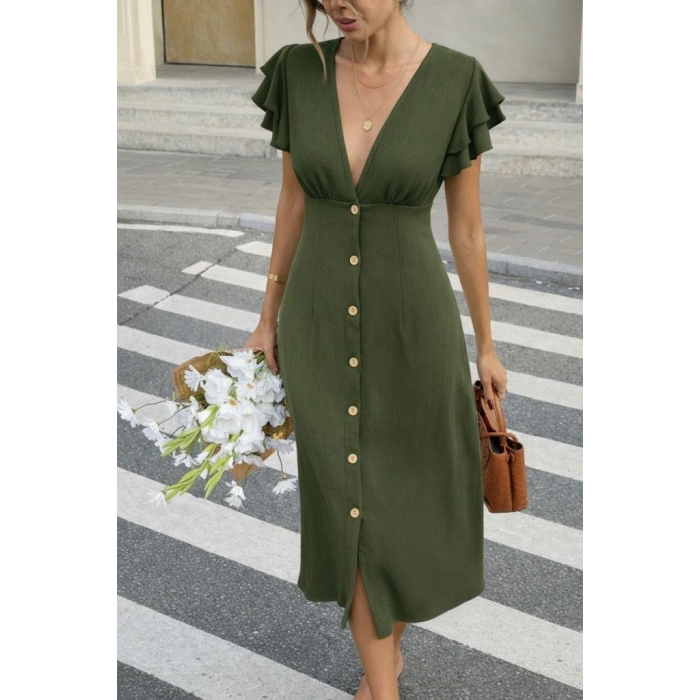 MARSiLYAN- Kadın Kısa Kollu V Yakalı önden Düğmeli Bürümcük Midi Elbise