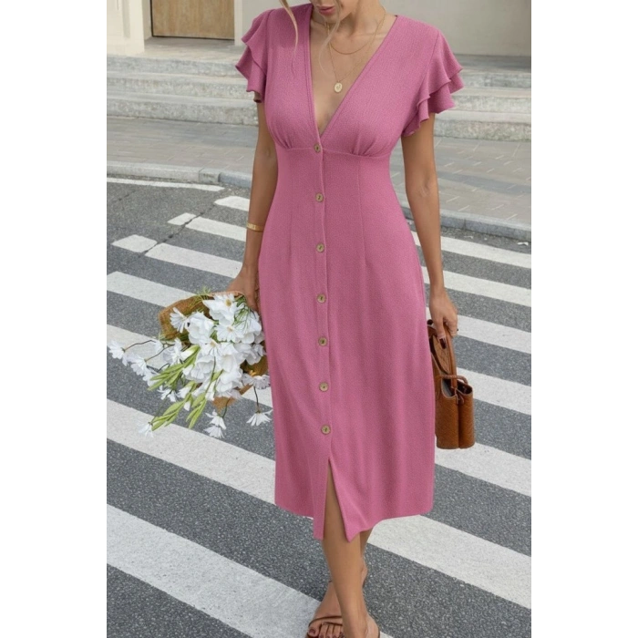 MARSiLYAN- Kadın Kısa Kollu V Yakalı önden Düğmeli Bürümcük Midi Elbise