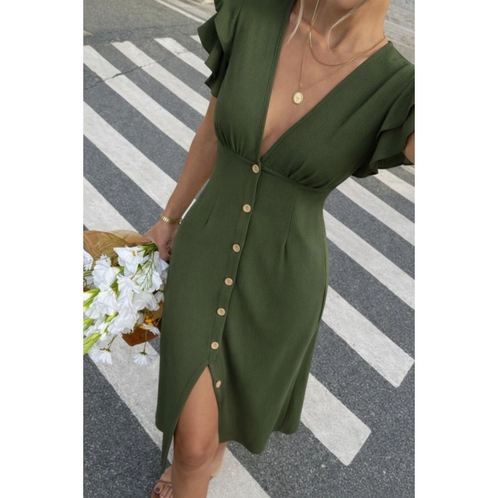 MARSiLYAN- Kadın Kısa Kollu V Yakalı önden Düğmeli Bürümcük Midi Elbise