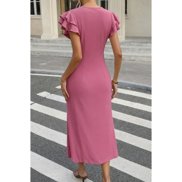 MARSiLYAN- Kadın Kısa Kollu V Yakalı önden Düğmeli Bürümcük Midi Elbise