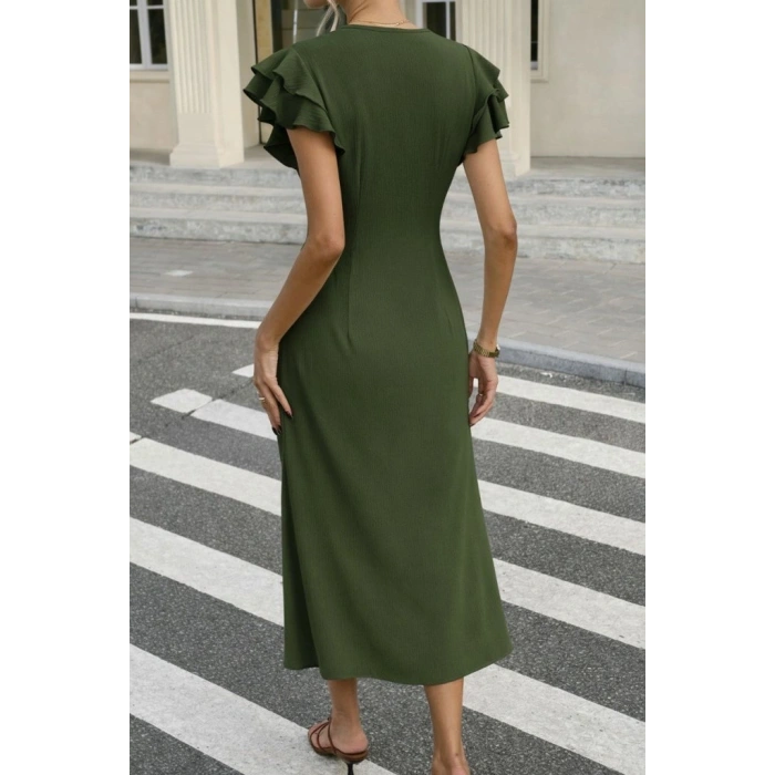 MARSiLYAN- Kadın Kısa Kollu V Yakalı önden Düğmeli Bürümcük Midi Elbise