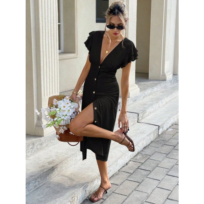 MARSiLYAN- Kadın Kısa Kollu V Yakalı önden Düğmeli Bürümcük Midi Elbise