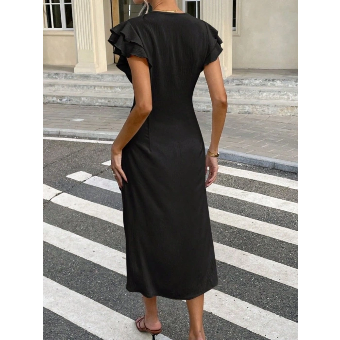 MARSiLYAN- Kadın Kısa Kollu V Yakalı önden Düğmeli Bürümcük Midi Elbise