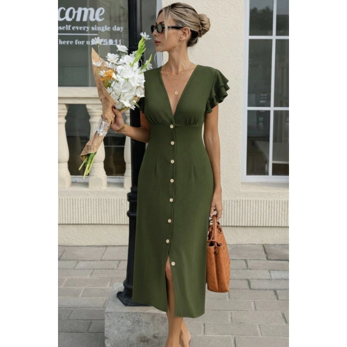 MARSiLYAN- Kadın Kısa Kollu V Yakalı önden Düğmeli Bürümcük Midi Elbise