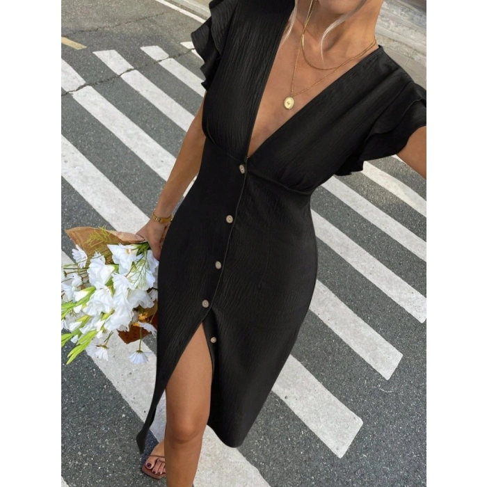 MARSiLYAN- Kadın Kısa Kollu V Yakalı önden Düğmeli Bürümcük Midi Elbise