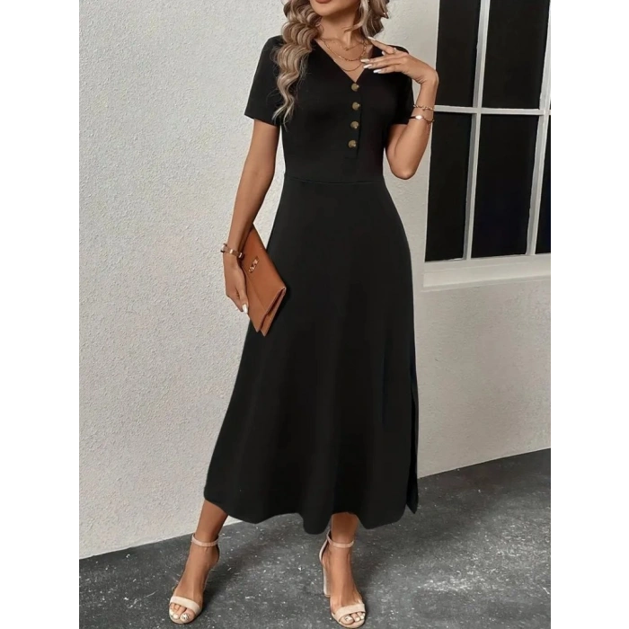 MARSiLYAN- Kadın Kısa Kollu V Yakalı önden Düğmeli Yırtmaçlı Midi Viskon Elbise