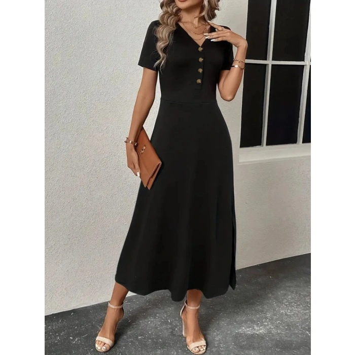 MARSiLYAN- Kadın Kısa Kollu V Yakalı önden Düğmeli Yırtmaçlı Midi Viskon Elbise