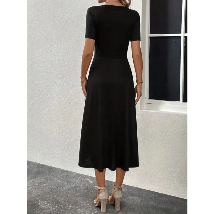 MARSiLYAN- Kadın Kısa Kollu V Yakalı önden Düğmeli Yırtmaçlı Midi Viskon Elbise