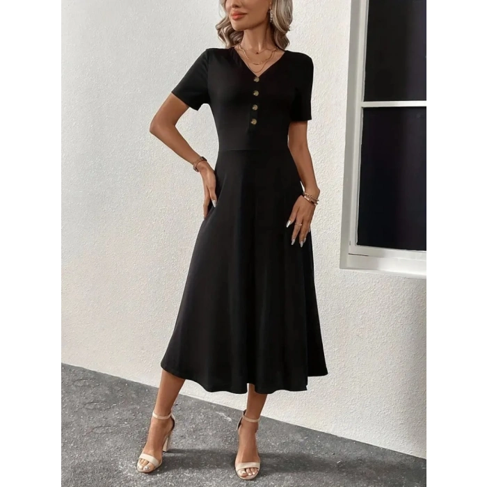 MARSiLYAN- Kadın Kısa Kollu V Yakalı önden Düğmeli Yırtmaçlı Midi Viskon Elbise