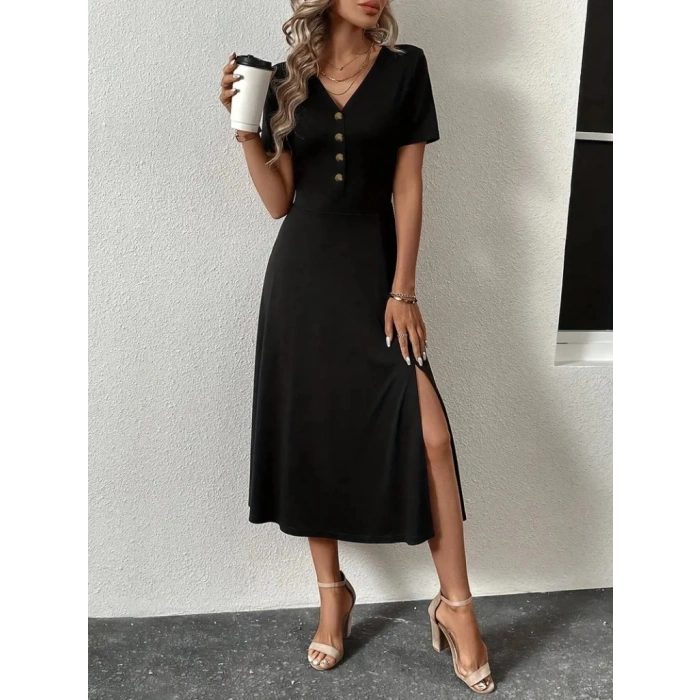 MARSiLYAN- Kadın Kısa Kollu V Yakalı önden Düğmeli Yırtmaçlı Midi Viskon Elbise