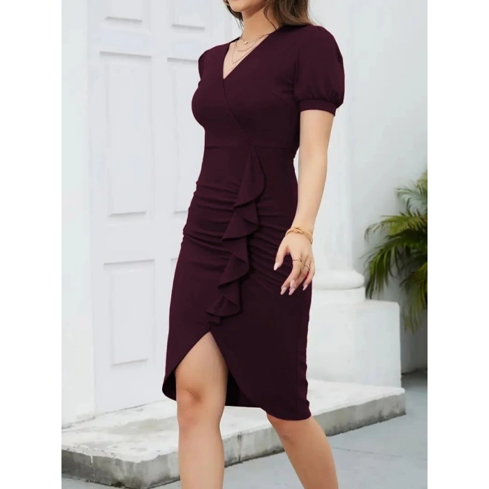 MARSiLYAN- Kadın Kısa Kollu V Yakalı önden Fırfırlı Ithal Krep Elbise