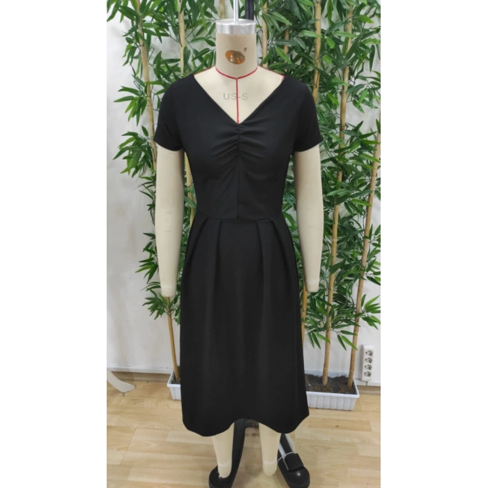 MARSiLYAN- Kadın Kısa Kollu V Yakalı önden Pileli Janjan Krep Elbise