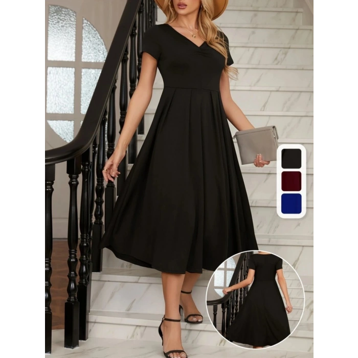 MARSiLYAN- Kadın Kısa Kollu V Yakalı önden Pileli Midi Janjan Krep Elbise