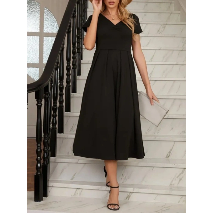 MARSiLYAN- Kadın Kısa Kollu V Yakalı önden Pileli Midi Janjan Krep Elbise