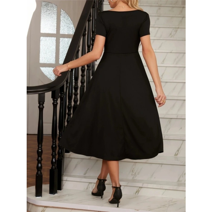 MARSiLYAN- Kadın Kısa Kollu V Yakalı önden Pileli Midi Janjan Krep Elbise