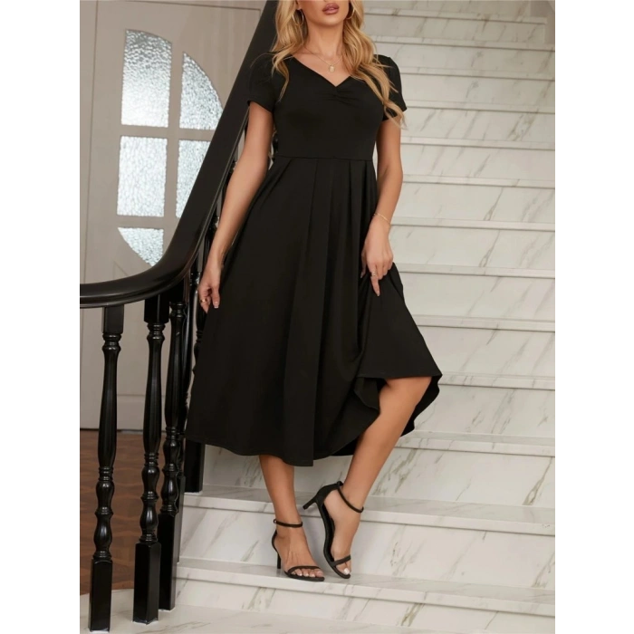 MARSiLYAN- Kadın Kısa Kollu V Yakalı önden Pileli Midi Janjan Krep Elbise