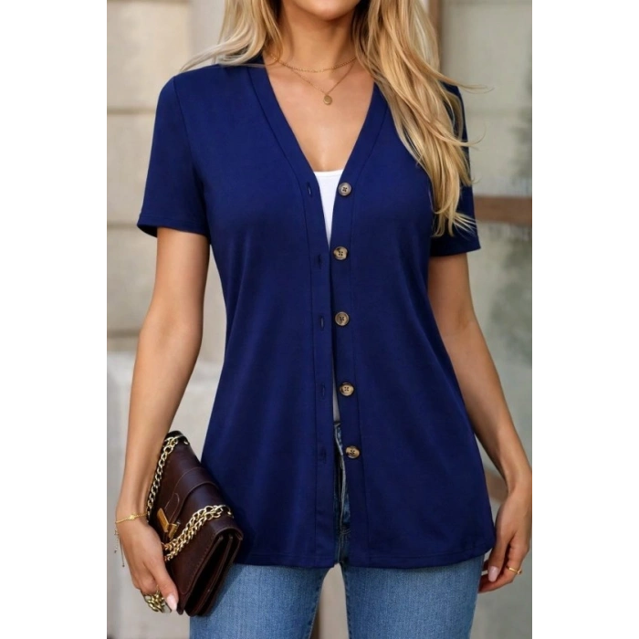 MARSiLYAN- Kadın Kısa Kollu V Yakalı önü Düğmeli Viskon Bluz