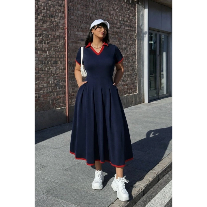 MARSiLYAN- Kadın Kısa Kollu V Yakalı Pileli Uzun Janjan Krep Elbise