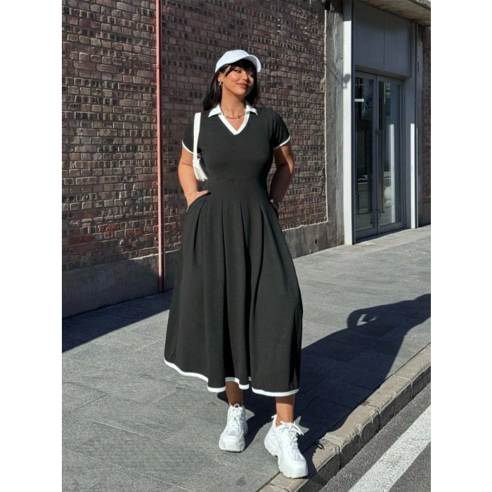 MARSiLYAN- Kadın Kısa Kollu V Yakalı Pileli Uzun Janjan Krep Elbise