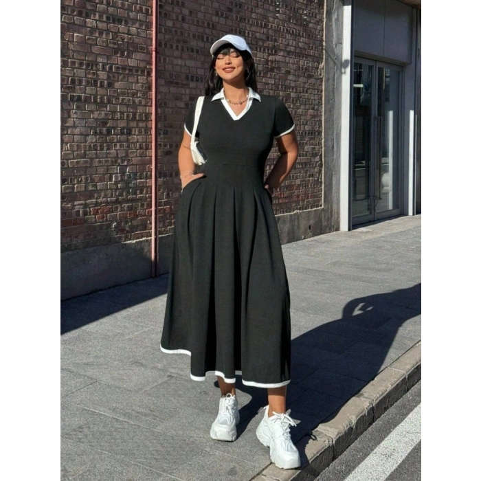 MARSiLYAN- Kadın Kısa Kollu V Yakalı Pileli Uzun Janjan Krep Elbise