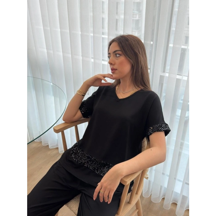 MARSiLYAN- Kadın Kısa Kollu V Yakalı Pul Payetli Viskon Iki Iplik Bluz Ve Pantolon Ikili Takım