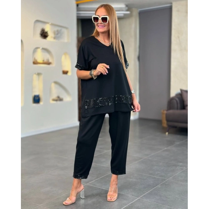 MARSiLYAN- Kadın Kısa Kollu V Yakalı Pul Payetli Viskon Iki Iplik Bluz Ve Pantolon Ikili Takım