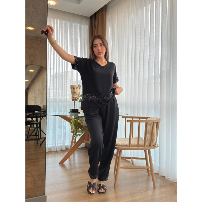 MARSiLYAN- Kadın Kısa Kollu V Yakalı Pul Payetli Viskon Iki Iplik Bluz Ve Pantolon Ikili Takım