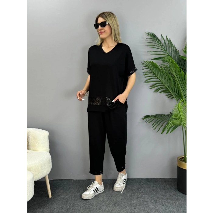 MARSiLYAN- Kadın Kısa Kollu V Yakalı Pul Payetli Viskon Iki Iplik Bluz Ve Pantolon Ikili Takım