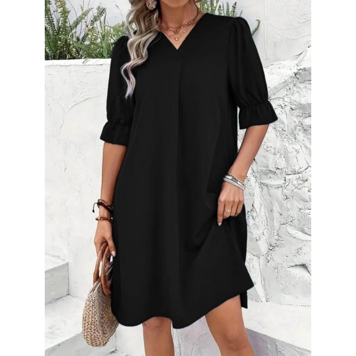 MARSiLYAN- Kadın Kısa Kollu V Yakalı Salaş Janjan Krep Elbise