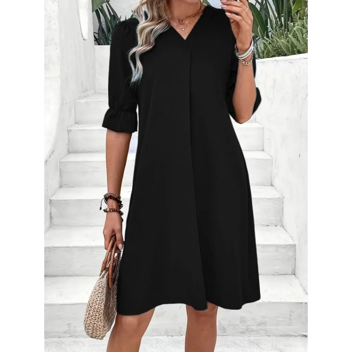 MARSiLYAN- Kadın Kısa Kollu V Yakalı Salaş Janjan Krep Elbise