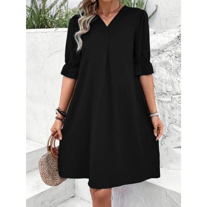 MARSiLYAN- Kadın Kısa Kollu V Yakalı Salaş Janjan Krep Elbise