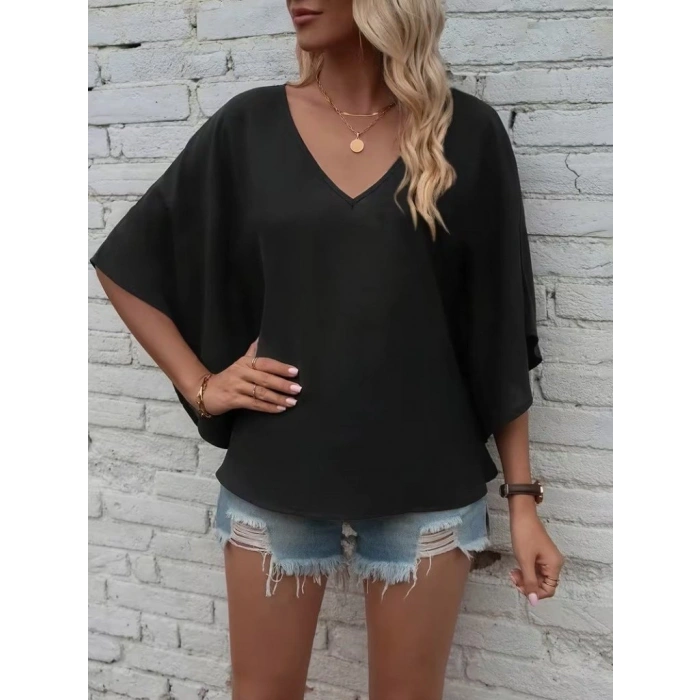 MARSiLYAN- Kadın Kısa Kollu V Yakalı Salaş Viskon Bluz