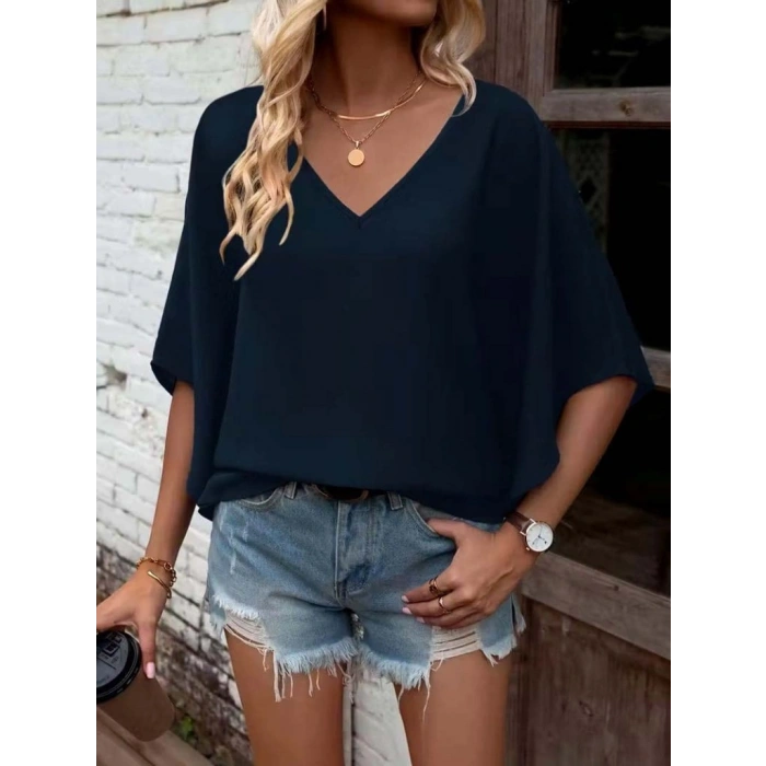 MARSiLYAN- Kadın Kısa Kollu V Yakalı Salaş Viskon Bluz