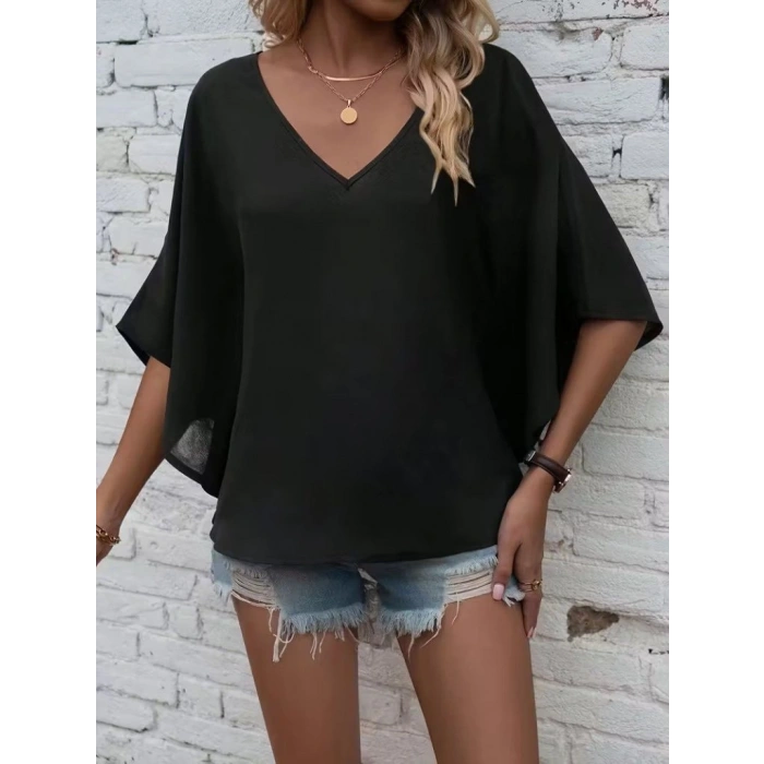 MARSiLYAN- Kadın Kısa Kollu V Yakalı Salaş Viskon Bluz