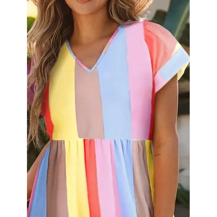 MARSiLYAN- Kadın Kısa Kollu V Yakalı şerit Desenli Süprem Elbise