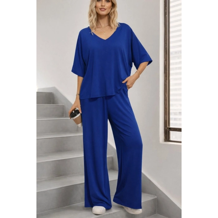 MARSiLYAN- Kadın Kısa Kollu V Yakalı Viskon Bluz Ve Pantolon Ikili Takım