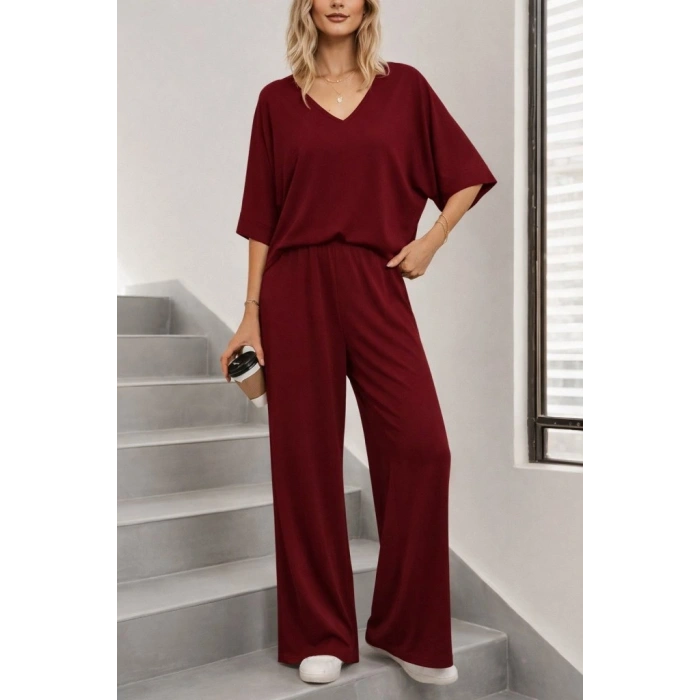 MARSiLYAN- Kadın Kısa Kollu V Yakalı Viskon Bluz Ve Pantolon Ikili Takım
