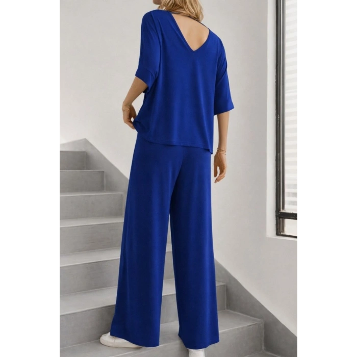 MARSiLYAN- Kadın Kısa Kollu V Yakalı Viskon Bluz Ve Pantolon Ikili Takım