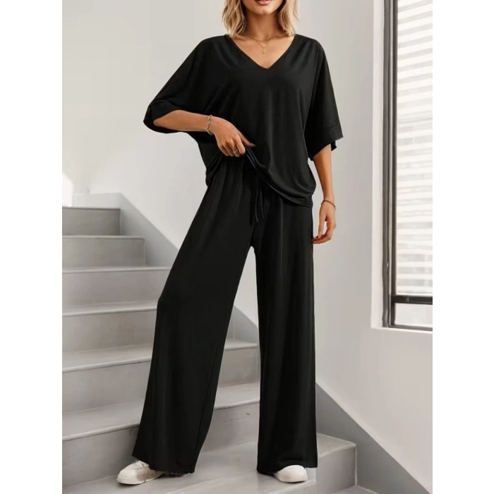 MARSiLYAN- Kadın Kısa Kollu V Yakalı Viskon Bluz Ve Pantolon Ikili Takım