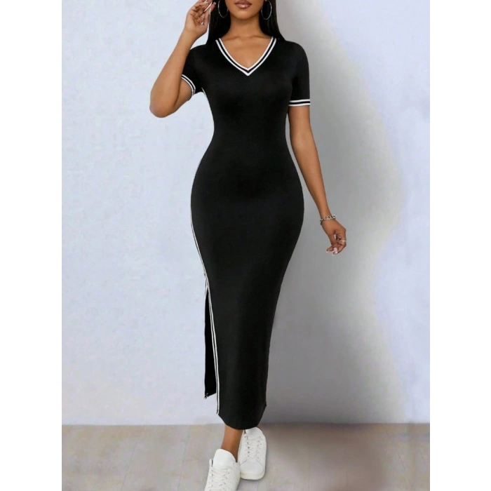 MARSiLYAN- Kadın Kısa Kollu V Yakalı Yandan Yırtmaçlı Viskon Iki Iplik Elbise