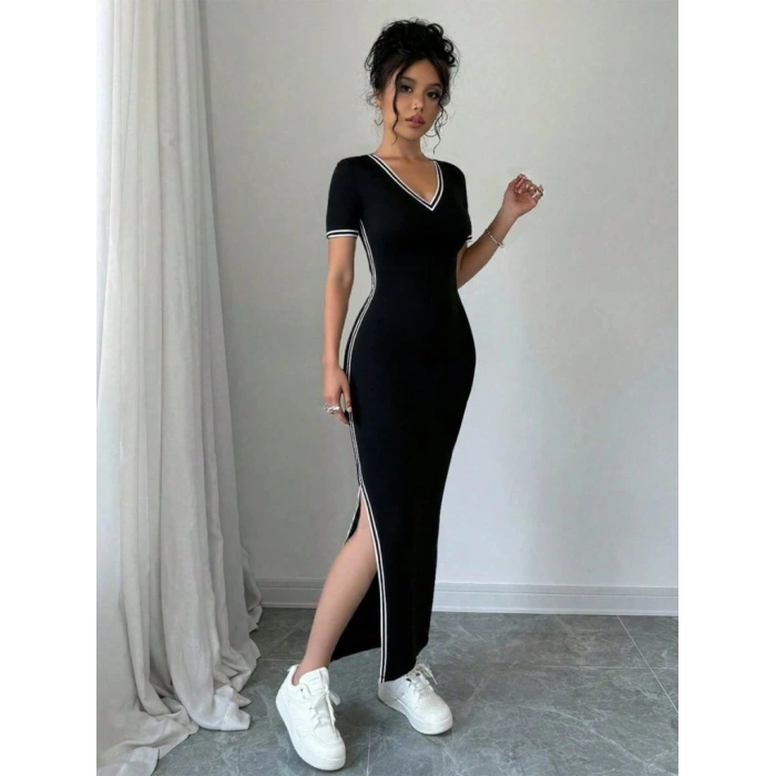 MARSiLYAN- Kadın Kısa Kollu V Yakalı Yandan Yırtmaçlı Viskon Iki Iplik Elbise