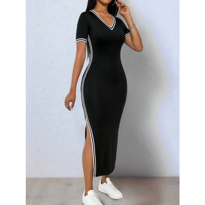 MARSiLYAN- Kadın Kısa Kollu V Yakalı Yandan Yırtmaçlı Viskon Iki Iplik Elbise