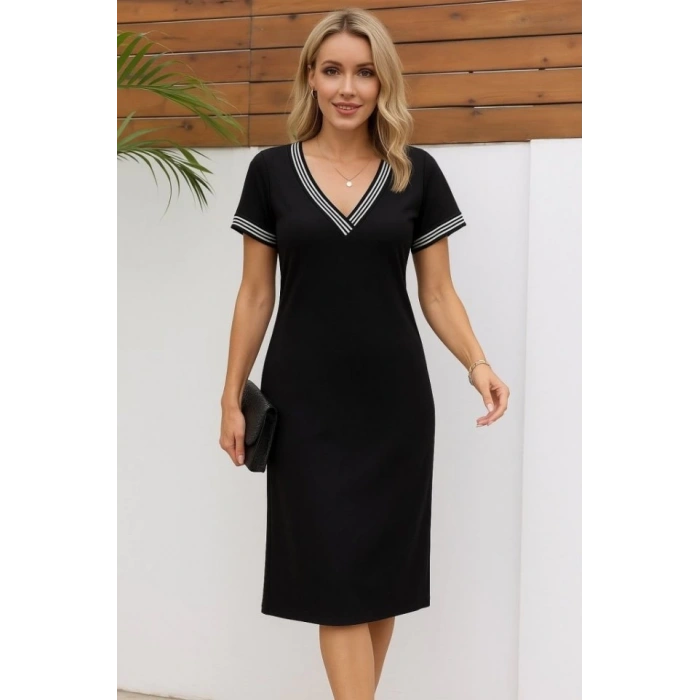 MARSiLYAN- Kadın Kısa Kollu V Yakalı Yanlardan Yırtmaç Ve Düğmeli Viskon Iki Iplik Elbise