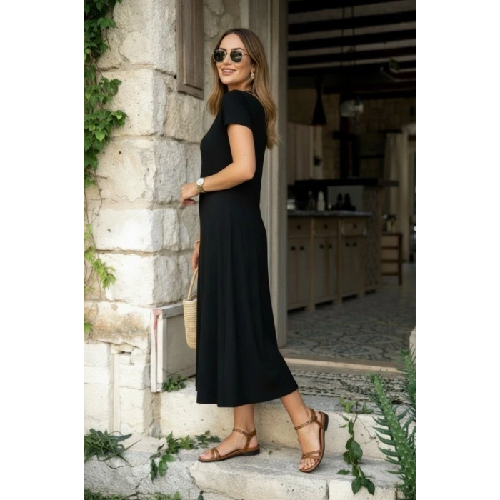 MARSiLYAN- Kadın Kısa Kollu V Yakalı Yırtmaçlı Midi Viskon Elbise